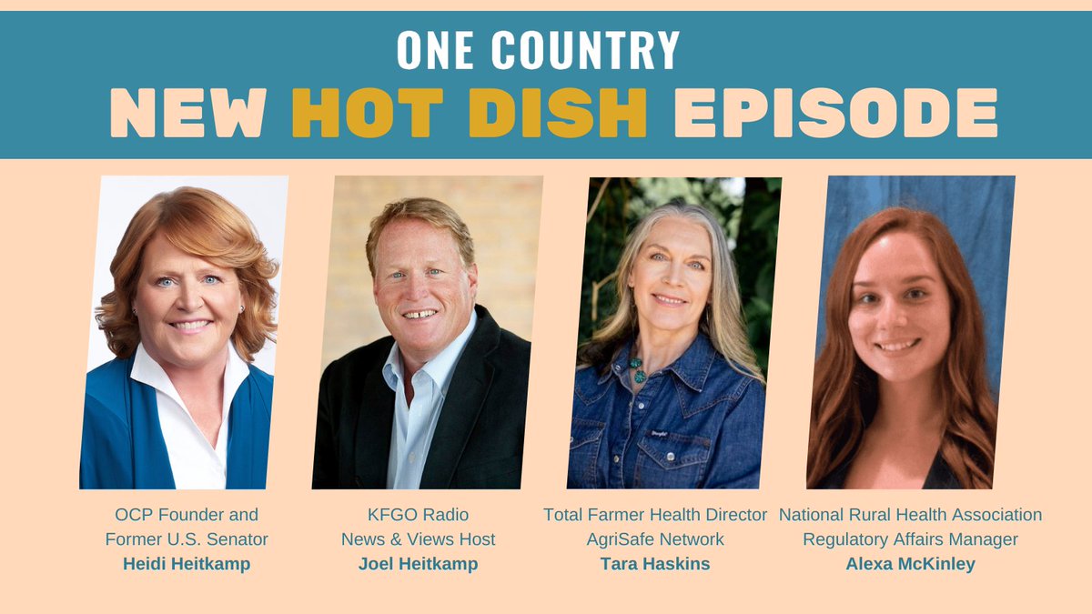 In the latest episode of the #HotDishPod, @AgriSafeNetwork's Tara Haskins & @ruralhealth's Alexa McKinley join OCP founder @HeidiHeitkamp & co-host @JoelKFGO to break down barriers to #mentalhealth care farmers and rural communities face. Listen in: link.chtbl.com/VOCr-aax