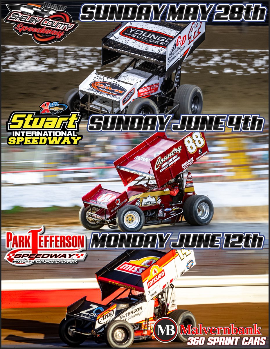 Mb360Sprints's tweet photo. We kick off 3 weeks of racing this Sun, May 28th at Shelby County Speedway! Next Sun, June 4th we head to @stuartspdwy for the first time ever! Then we head up north to @ParkJeffersonSD on Monday, June 12th! Drivers be sure to get those pre-entries in at https://t.co/JDnsBW67LZ https://t.co/5mDzunyAcj
