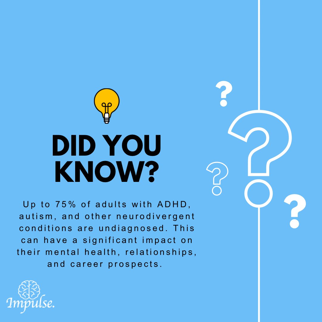 🤔Are you aware that up to 75% of adults with neurodivergent conditions are undiagnosed? 
Don’t suffer in the dark, speak out and find your spark.⚡️
#Neurodiversity #ADHD #Autism #Support