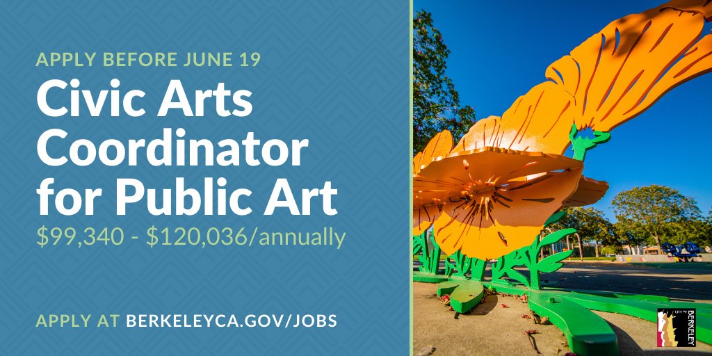 CityofBerkeley's tweet photo. 🌟 Exciting job opportunity!
Join our team as the Civic Arts Coordinator for Public Art! 👈
🌆 Engage artists to create amazing artworks that bring our community together and showcase our city's unique character.
⏰ Apply by June 19, 5pm: https://t.co/pXMiAZVvLA #BerkeleyArts https://t.co/lUKQfQpZeS