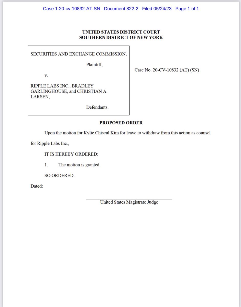 #XRPCommunity #SECGov v. #Ripple #XRP Attorney Kylie Chiseul Kim has moved to withdraw as counsel to Ripple Labs.