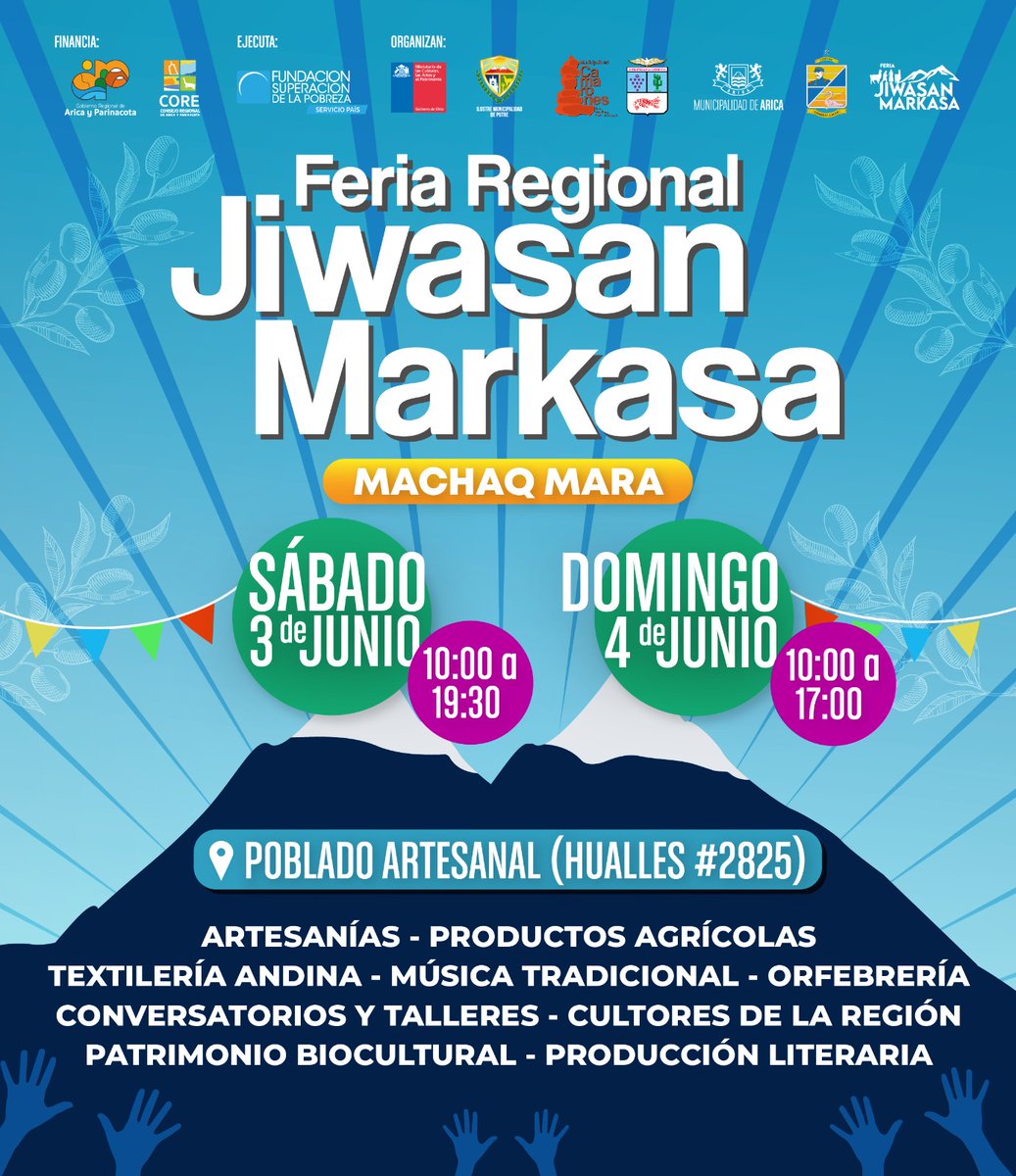 cherobres's tweet photo. FERIA REGIONAL JIWASAN MARKASA - Machaq Mara: Sábado 3 y domingo 4 de junio en el POBLADO ARTESANAL
Artesanía, productos agrícolas, textilería andina, música tradicional, comida típica, orfebrería, cultores de la región, Patrimonio Biocultural. 👇 https://t.co/HZb4kScDkW