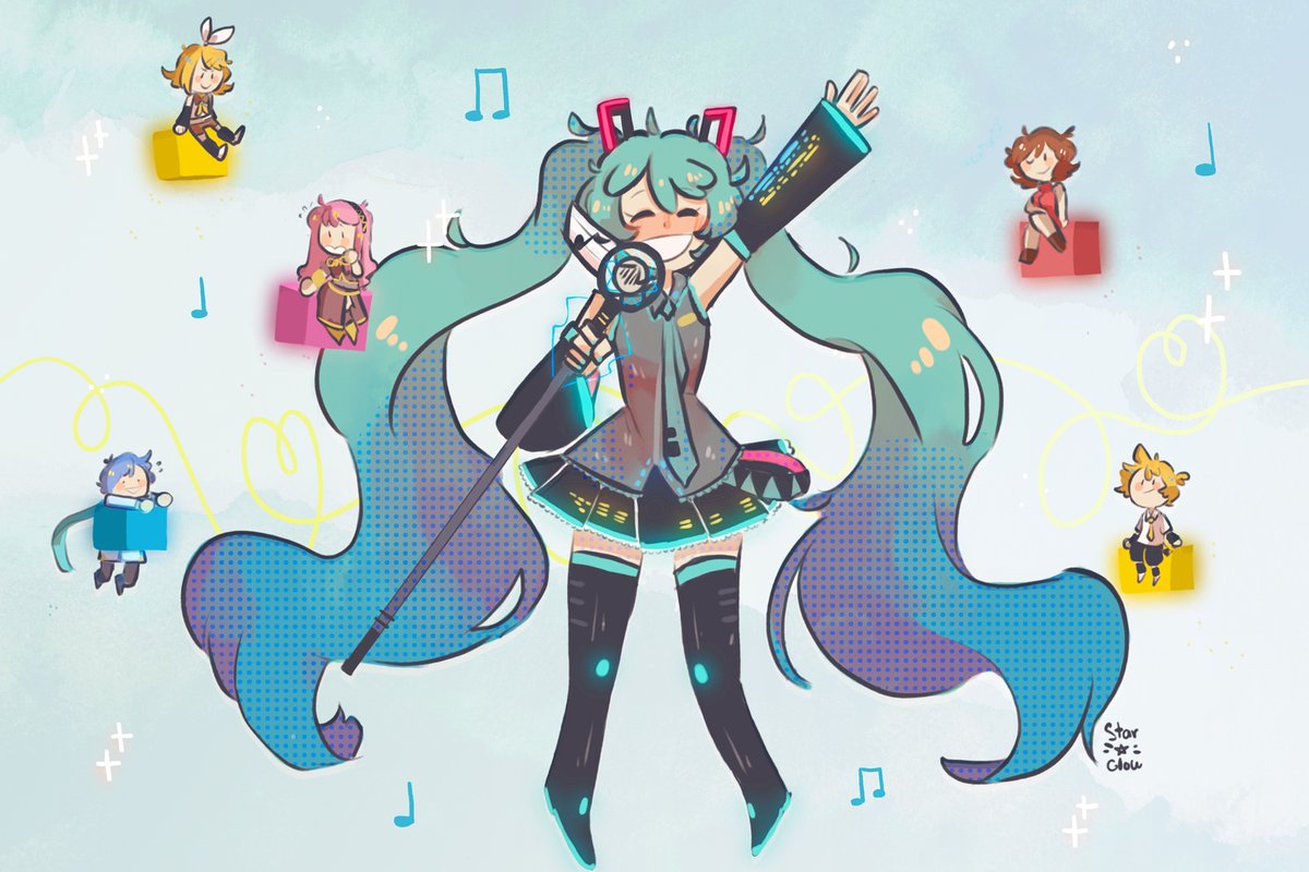 初音ミク ,鏡音レン ,鏡音リン ,巡音ルカ ,メイコ(VOCALOID) 「 #vocaloid」|StarGlow🌻@ LAYTON IS BACK☕のイラスト