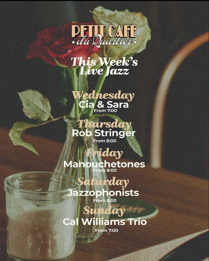 Here's the listings for this week's Live Jazz at <a href="/PetitCafeDuCoin/">Petit Café Du Coin 🇫🇷</a> on Berry St and Petit Café Du Quartier on Allerton Rd. 

Gypsy Jazz trio <a href="/manouchetones/">The Manouchetones</a> play both venues each week. Music starts from 8pm and is free entry. For more info you can visit petitcafe.uk