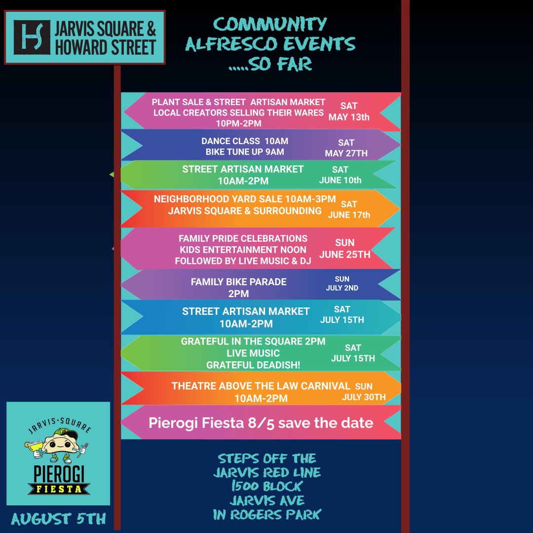 Some dates for your calendars! Free entertainment in Jarvis Square. Have an idea for a free event? Contact Rogers Park Business Alliance info@rpba.org
#alfresco #supportlocal #freeartisanmarket #yardsale #familypride #pierogifiesta