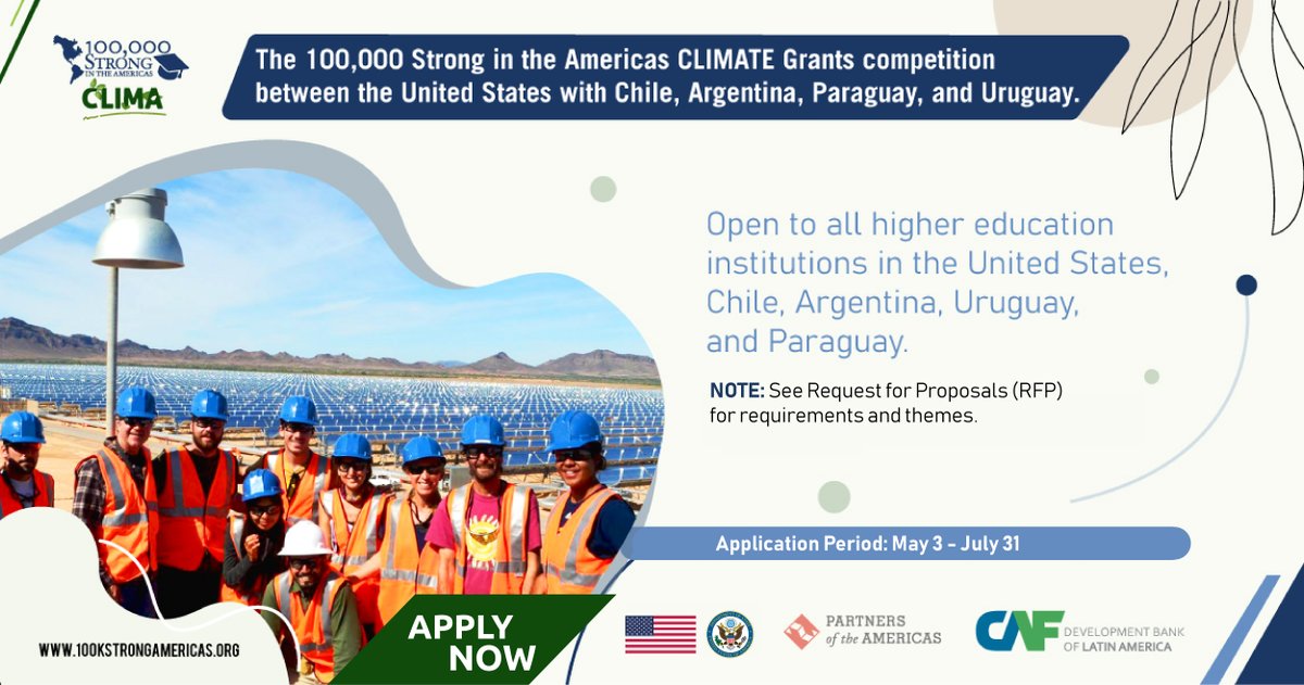 PartnersAmerica's tweet photo. #100KStrongAmericas invites HEIs in US &amp; 🇦🇷, 🇨🇱, 🇵🇾 &amp; 🇺🇾 to work together to create new student/faculty exchange &amp; training programs in areas related to climate action, energy, technology and social inclusion. @AgendaCAF @statedept @WHAAsstsecty https://t.co/YOcG5gabBQ #100KCLIMA https://t.co/dssW8OUuz6