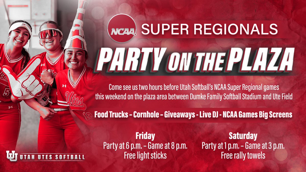 Join us this weekend for a 𝓟𝓐𝓡𝓣𝓨 0𝓝 𝓣𝓗𝓔 𝓟𝓛𝓐𝓩𝓐‼️ - Food Trucks. - Games. - Giveaways & more! Party starts two hours before @Utah_Softball takes the field. See you there!! #GoUtes