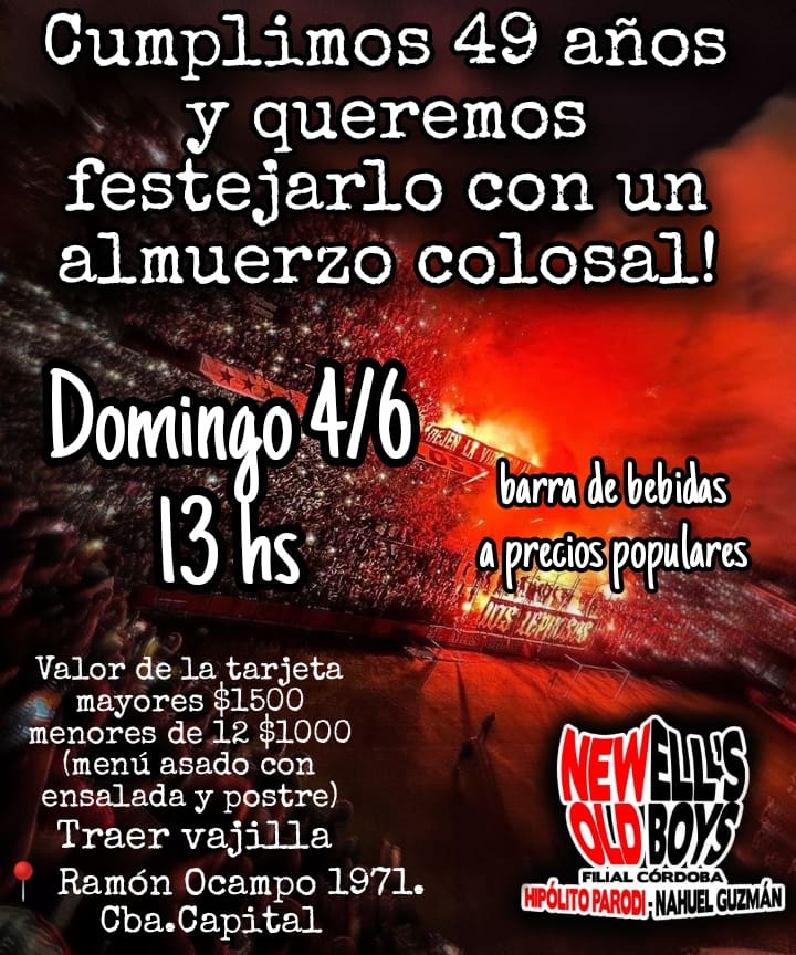 FilialNOBCba's tweet photo. Nuestra filial cumple 49 años y queremos que nos acompañes a festejarlo! (Tenés tiempo para reservar tu lugar hasta el 1/6) 
Por cualquier consulta comunícate por md ♥️🖤 https://t.co/G468sYM9uV