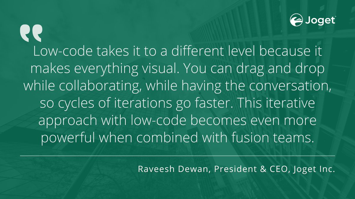 jogetworkflow's tweet image. Looking to boost your #Agile practices? Our CEO, Raveesh Dewan, shared with @sdtimes how #lowcode can supercharge your innovation speed, collaboration, and efficiency. Especially for #fusionteams it&apos;s a game-changer! 

Check out his full interview. buff.ly/3qaCJBh