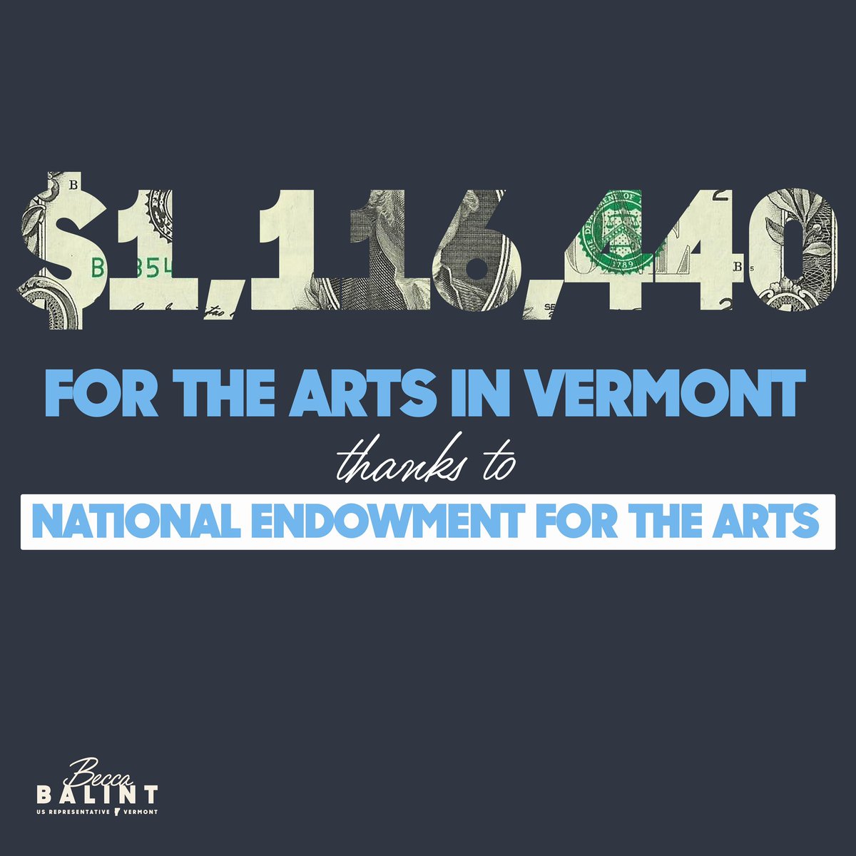 RepBeccaB's tweet photo. Thanks to the Grants for Arts Projects through the NEA, Vermont organizations will be receiving over $1.1M. Recipients include Flynn Theater, VT Symphony Orchestra, Dorset Theater, and more. Excited to see the impact these grants will have on our local art community. https://t.co/It2kVz7kJf