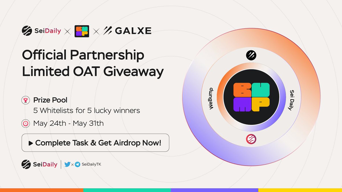 InkDailyTK's tweet image. 📢 OFFICIAL PARTNERSHIP GIVEAWAY

@SeiDailyTK x @webump_

➡️ COMPLETE TASK &amp;amp; GET AIRDROP HERE:
galxe.com/Seidaily/campa…

🎁 Prize Pool: 5 Whitelists for 5 Lucky Winners

⌚ May 24th - May 31st

#Airdrop #Giveaway #SeiNetwork
