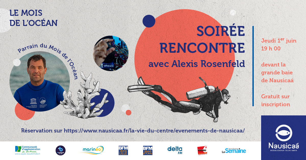 Rendez-vous le 1er juin pour une rencontre exceptionnelle avec @AlexisRosenfeld ! Photographe-explorateur, il a fondé  un projet d’exploration inédit avec l’UNESCO : 1 OCEAN.  
Gratuit, places limitées sur réservation uniquement
En savoir plus : nausicaa.fr/article/escale…