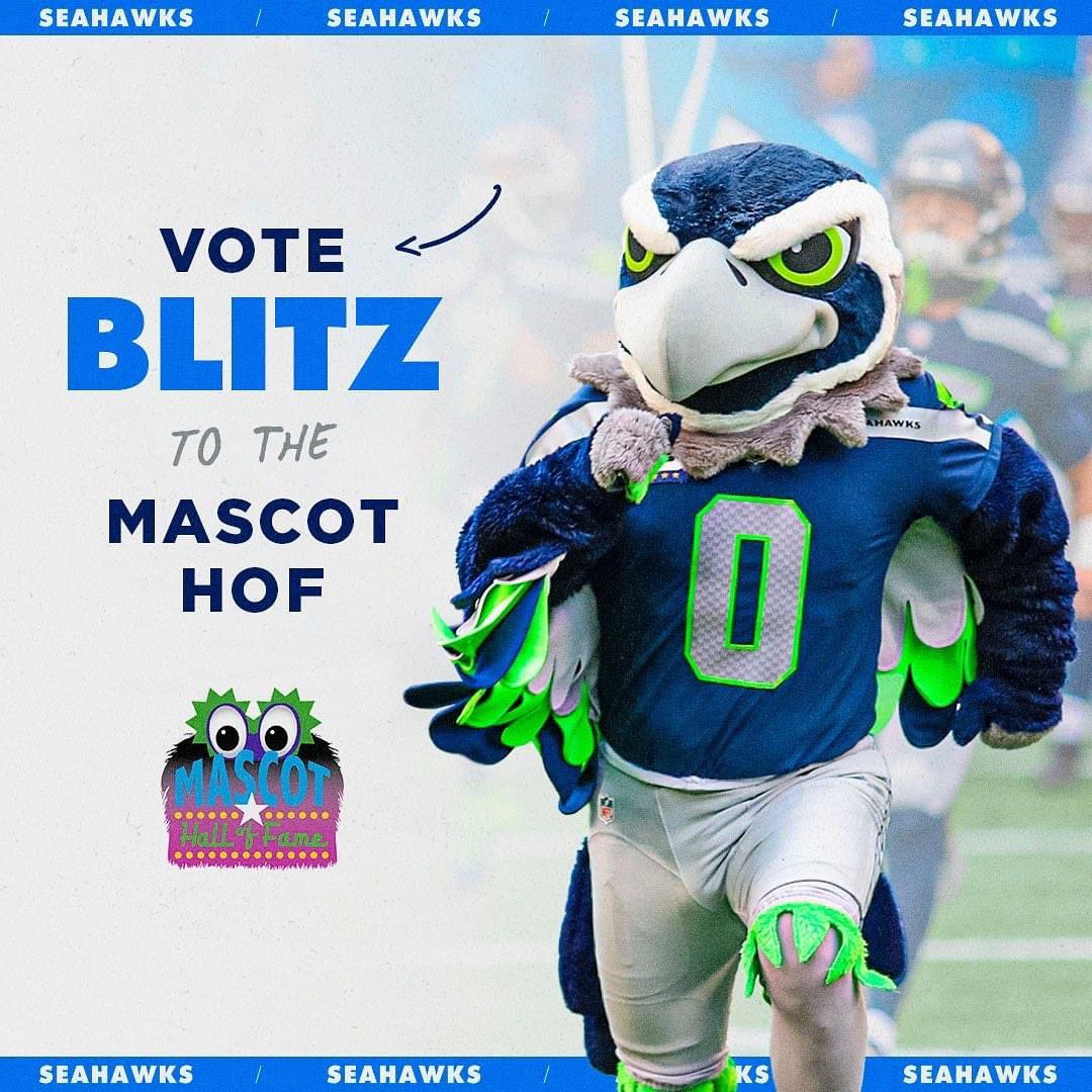 This is your Wednesday reminder to please Vote for Blitz’s election into this year’s class for the Mascot Hall of Fame. Only 4 days left to Vote! #TheVote #MHOF #GoHawks
