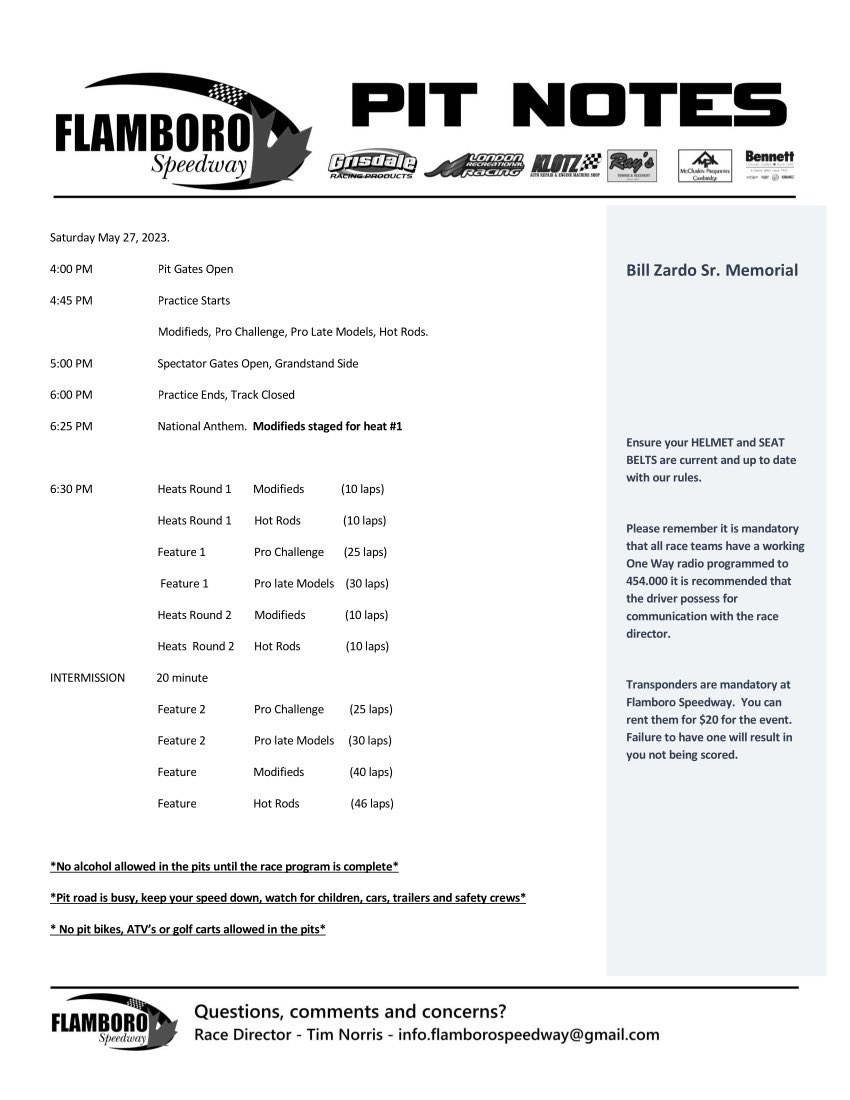 FlamboroSpdwy's tweet image. It’s Pitnote time for the Bill Zardo Sr Memorial!

Racing is this Saturday May 27th at 6:30pm!

If you can’t make it in person, tune in to TrackTune to catch all the action!

#billzardosr #memorialrace #flamborospeedway