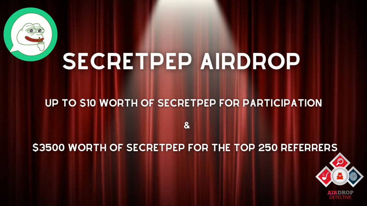 ✔️ SecretPep Airdrop is live! 

🔵  Airdrop Reward: Up to $10 worth of SecretPEP

🔵  Referral Reward: $3500 worth of SecretPEP

🔵  Airdrop Link: t.me/SecretPepAirdr…

#Airdrops #Crypto #Blockchain #cryptocurrency #SecretPep
