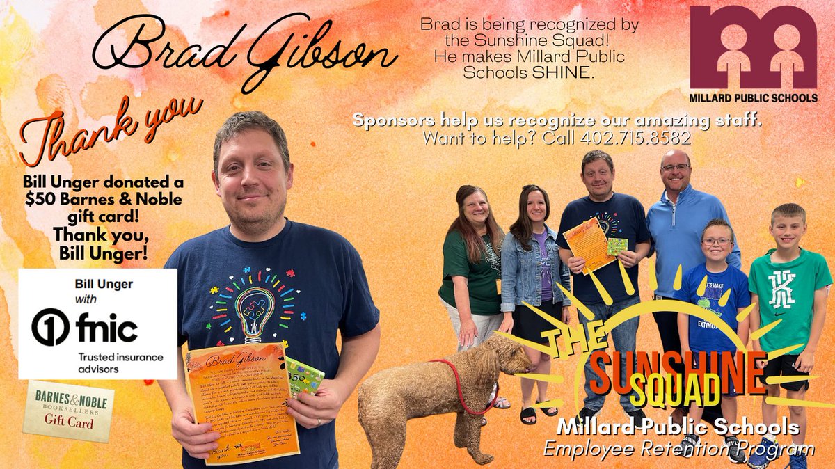 The Sunshine Squad awarded Brad a $50 Barnes &amp; Noble Gift Card donated by Bill Unger! Brad has played an integral role in supporting students, staff, and our parents. He makes Ackerman a fun place to work. #SHINEwithMPS 
#Proud2bMPS <a href="/MPSHR/">MPS Human Resources</a> @AckermanElementarySchool <a href="/ackerman_mps/">Ackerman Elementary</a>