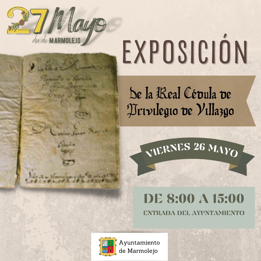 📌El próximo viernes, podrás disfrutar de la 𝐞𝐱𝐩𝐨𝐬𝐢𝐜𝐢ó𝐧 𝐝𝐞𝐥 𝐝𝐨𝐜𝐮𝐦𝐞𝐧𝐭𝐨 𝐨𝐫𝐢𝐠𝐢𝐧𝐚𝐥 𝐝𝐞 𝐥𝐚 𝐑𝐞𝐚𝐥 𝐂é𝐝𝐮𝐥𝐚 𝐝𝐞 𝐏𝐫𝐢𝐯𝐢𝐥𝐞𝐠𝐢𝐨 𝐝𝐞 𝐕𝐢𝐥𝐥𝐚𝐳𝐠𝐨 𝐝𝐞 𝐌𝐚𝐫𝐦𝐨𝐥𝐞𝐣𝐨 

#Marmolejo