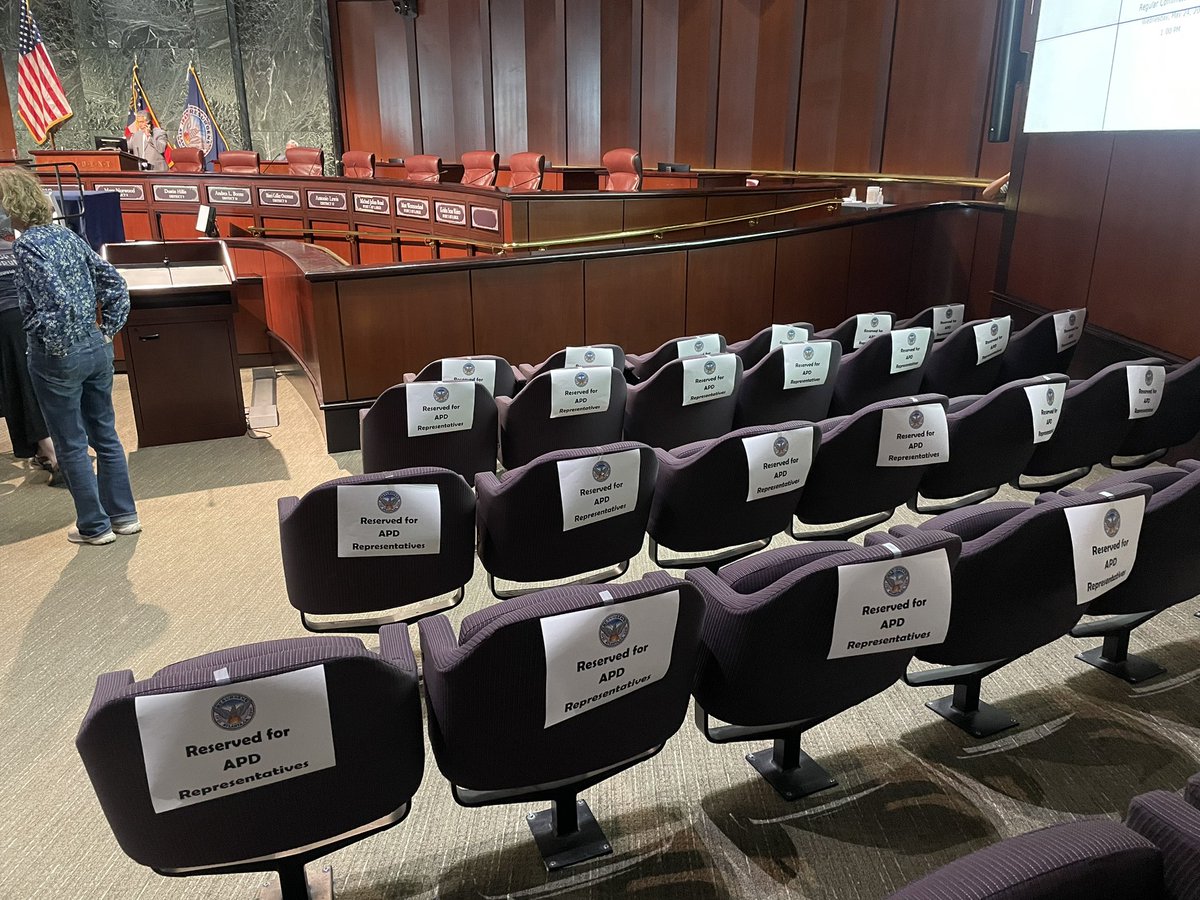 I’m at City Hall today where the regular Finance/Executive Committee meeting has been moved to the chamber in anticipation of a crowd. That’s a lot of chairs reserved for APD as council members are expected to take up training center funding. #gapol #atlpol