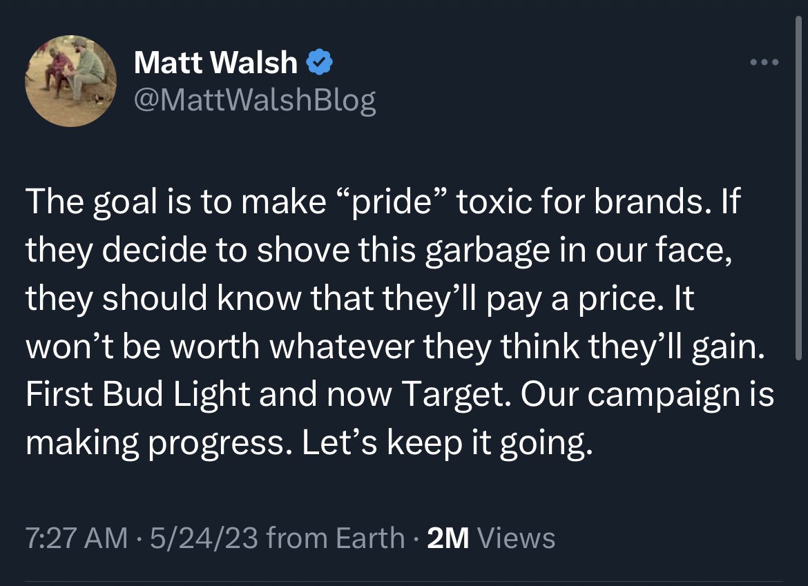It went from “fairness in sports” to “I don’t want to see LGBTQ+ people exist” in record time. 

There is no sensible debate or discussions with people like Matt Walsh - one side is literally arguing that LGBTQ+ people shouldn’t fucking exist in society.