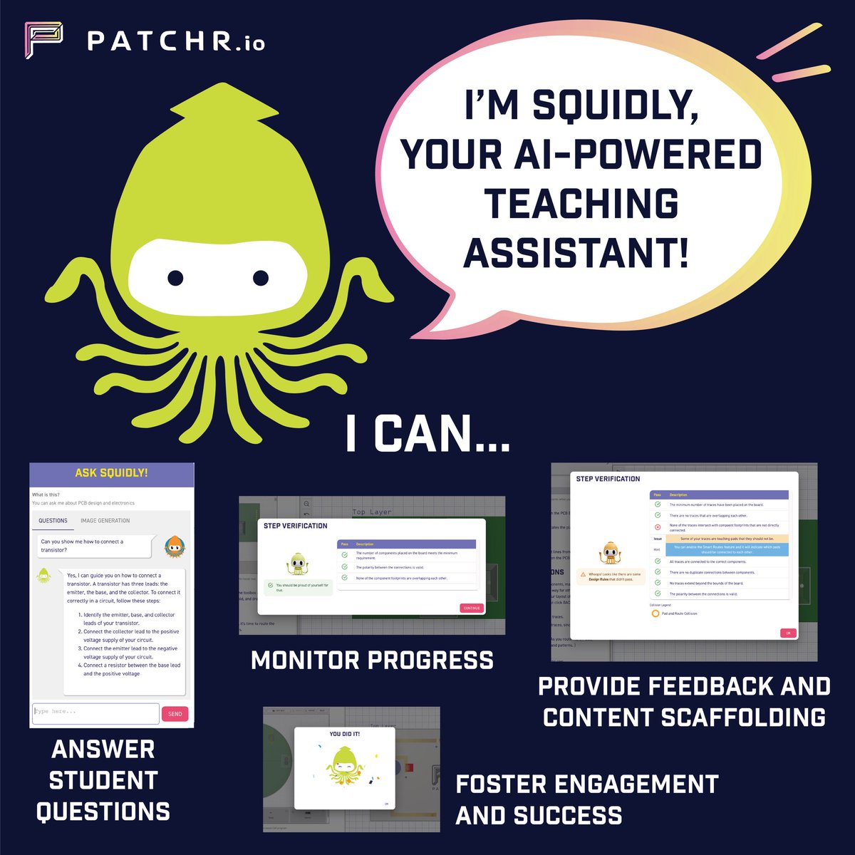 patchr_io's tweet image. Meet Squidly, your AI-Powered teaching assistant! Embedded into Patchr CAD, Squidly is the assistant #teachers need but never seem to get. We see #AI as a tool for supporting all Ss through an individualized approach to learning. Read more @ try.patchr.io/ai-assistant