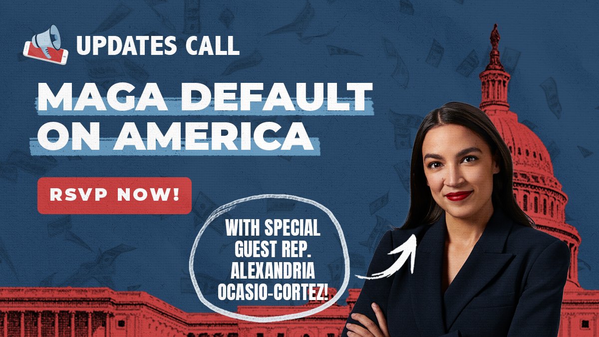 IndivisibleTeam's tweet photo. Default day could be as early as next Thursday. We have a tiny window to act in order to protect the American people. Join Rep. @AOC and our @ezralevin for tonight's phonebank to push back against Kevin McCarthy's MAGA wish list. Sign up now: https://t.co/9tKHtP6AlD https://t.co/LRbjwvcZKL
