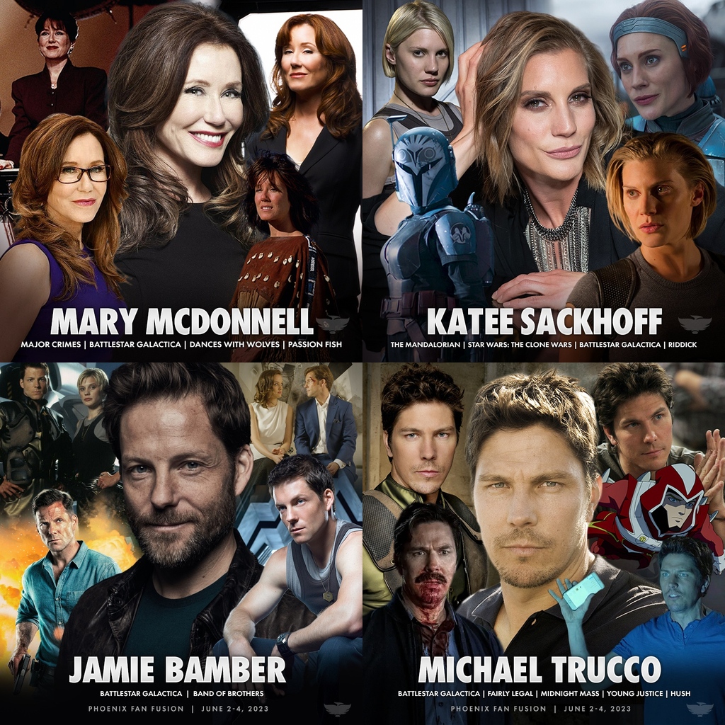 PhxFanFusion's tweet photo. CELEBRATE THE 20th ANNIVERSARY OF BATTLESTAR GALACTICA AT FAN FUSION!
⁠
MARY MCDONNELL⁠
KATEE SACKHOFF
JAMIE BAMBER
MICHAEL TRUCCO
⁠
#scifimovies #scifi #classicscifi #comicon #comiccon https://t.co/z3jpFMZC5v