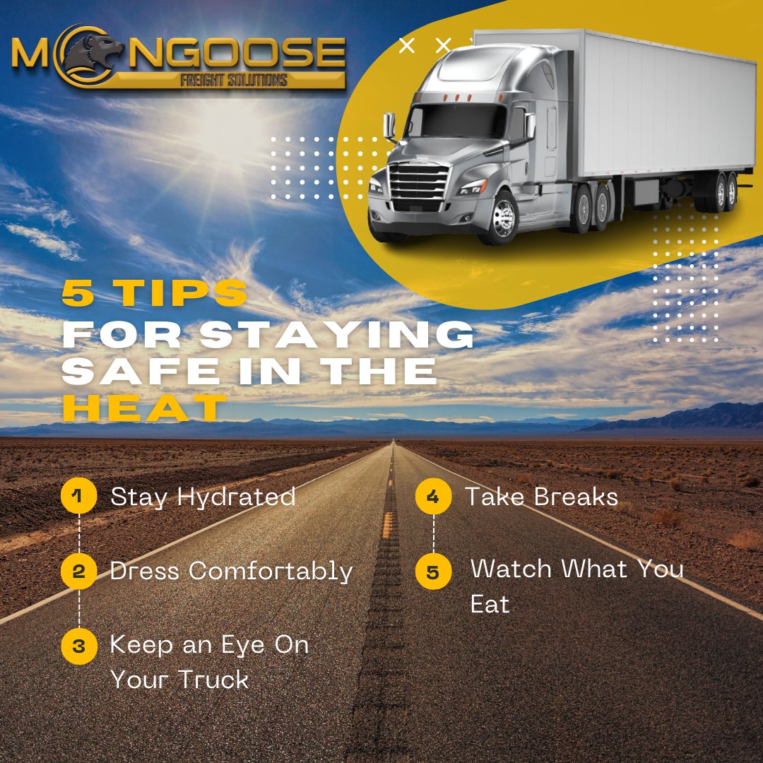 5 Tips for Staying Safe in the Heat!
1. Stay hydrated
2. Dress comfortably
3. Keep an eye on your truck
4. Take breaks
5. Watch what you eat

#drivingintheheat #freightbroker #truckdriversafety