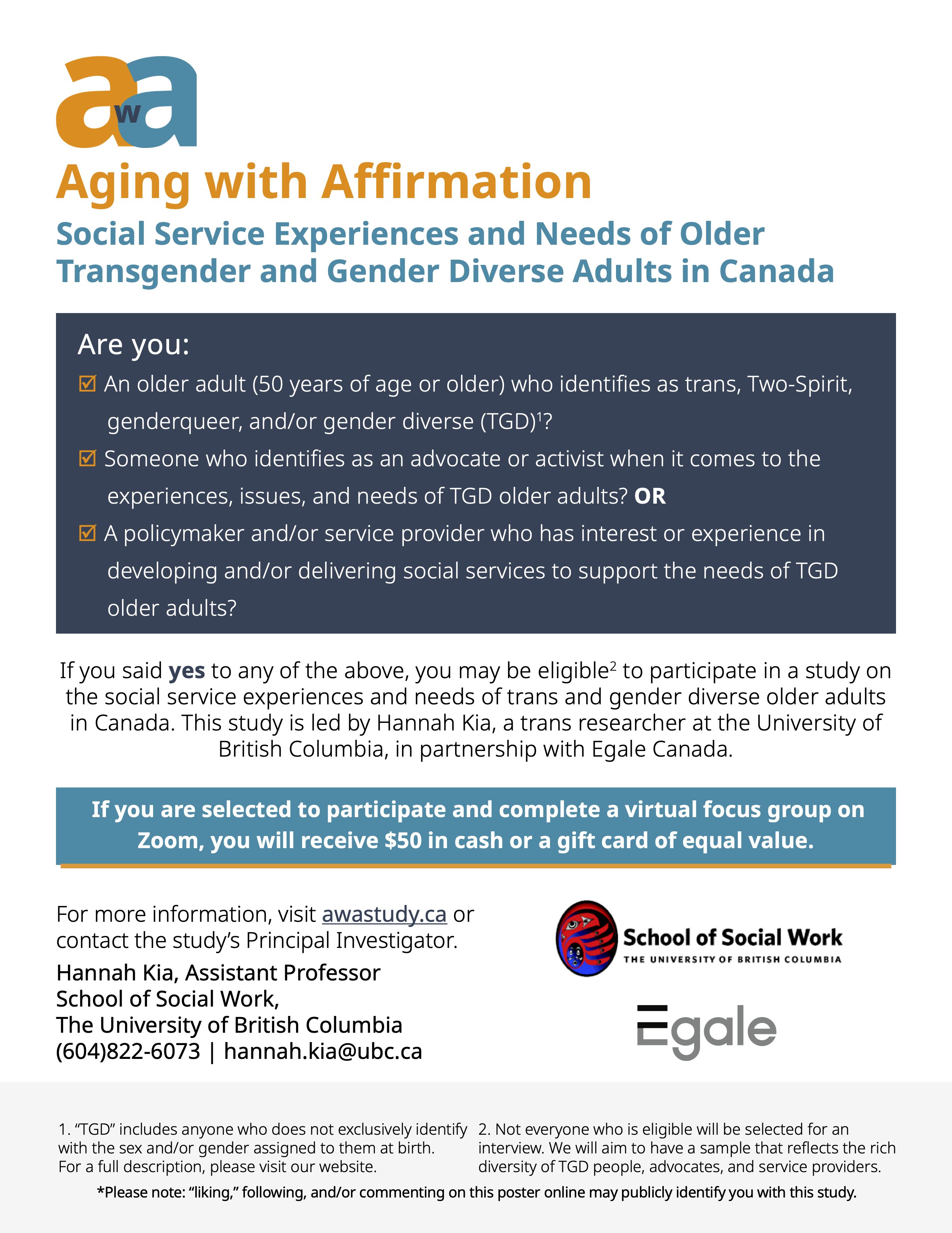 CBRC on X: New research study! Aging with Affirmation, in partnership with  @egalecanada, are looking to speak about social service experiences and the  needs of older trans and gender diverse adults. For