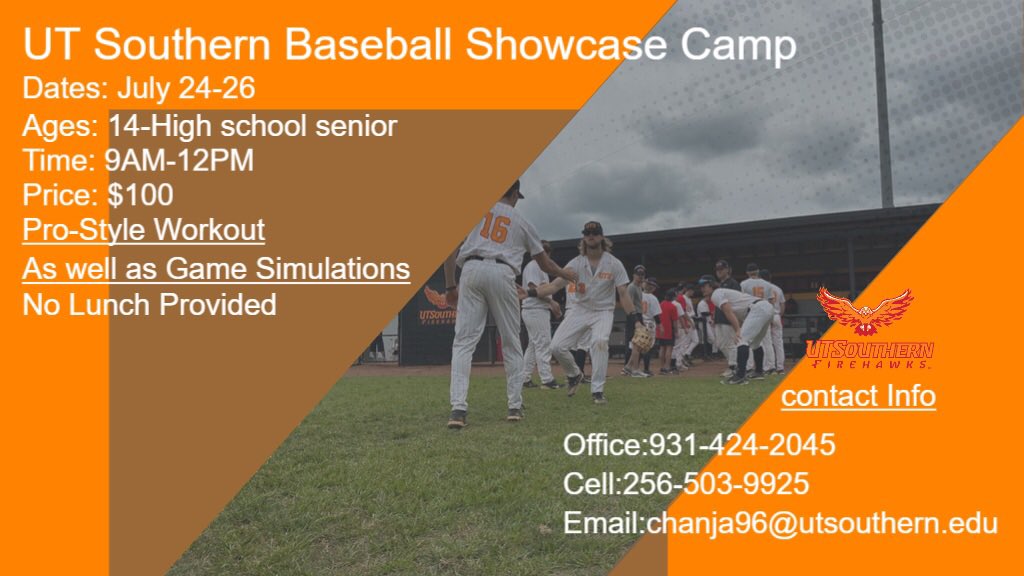 UTS Baseball will host its annual showcase camp. To register go to our website and click on the youth camp tab. See y’all there Go Firehawks