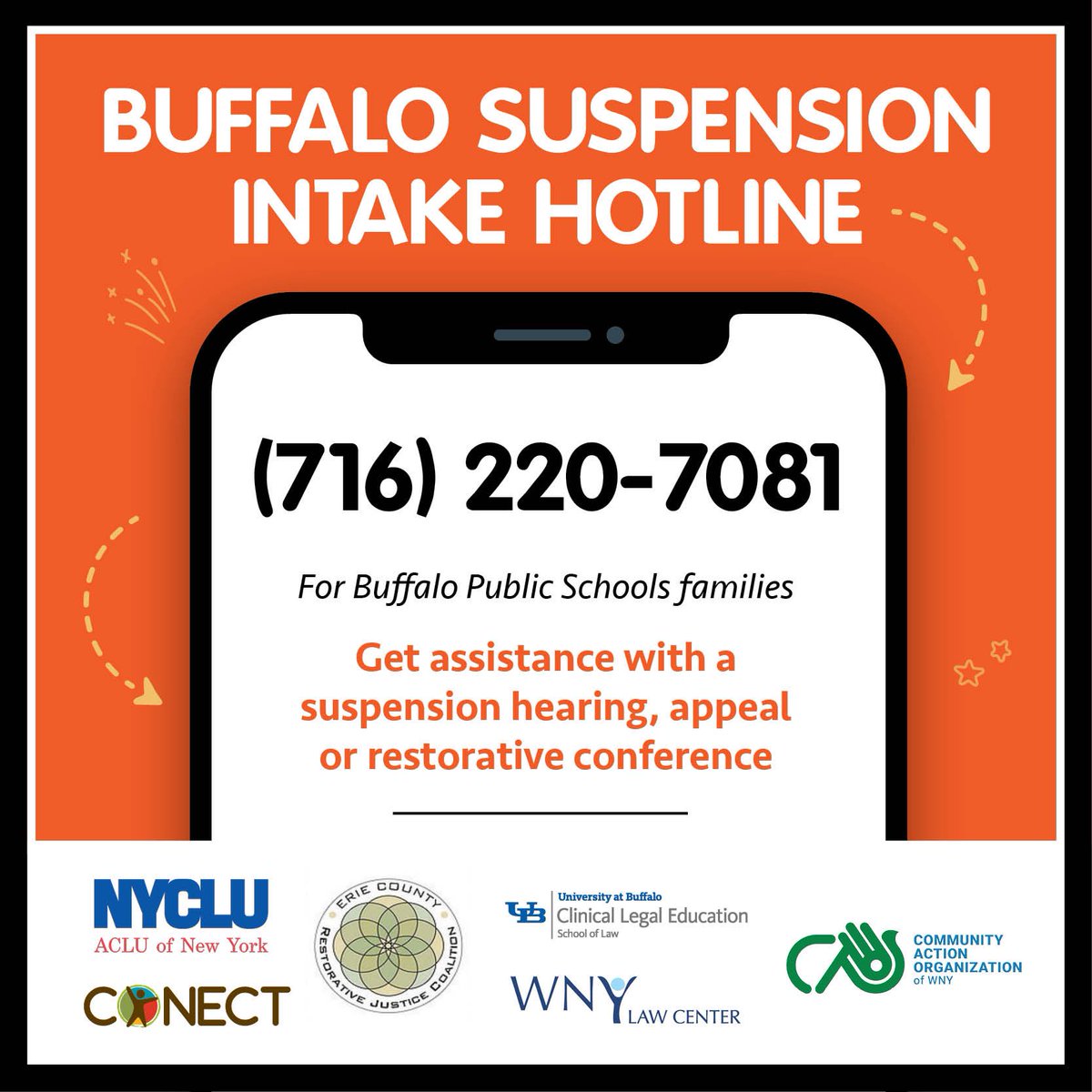 Just launched! Families of Buffalo Public Schools students can call to get assistance with a suspension. Excited to partner with six orgs on this! Cc <a href="/NYCLU/">NYCLU (Find us on Bluesky)</a>