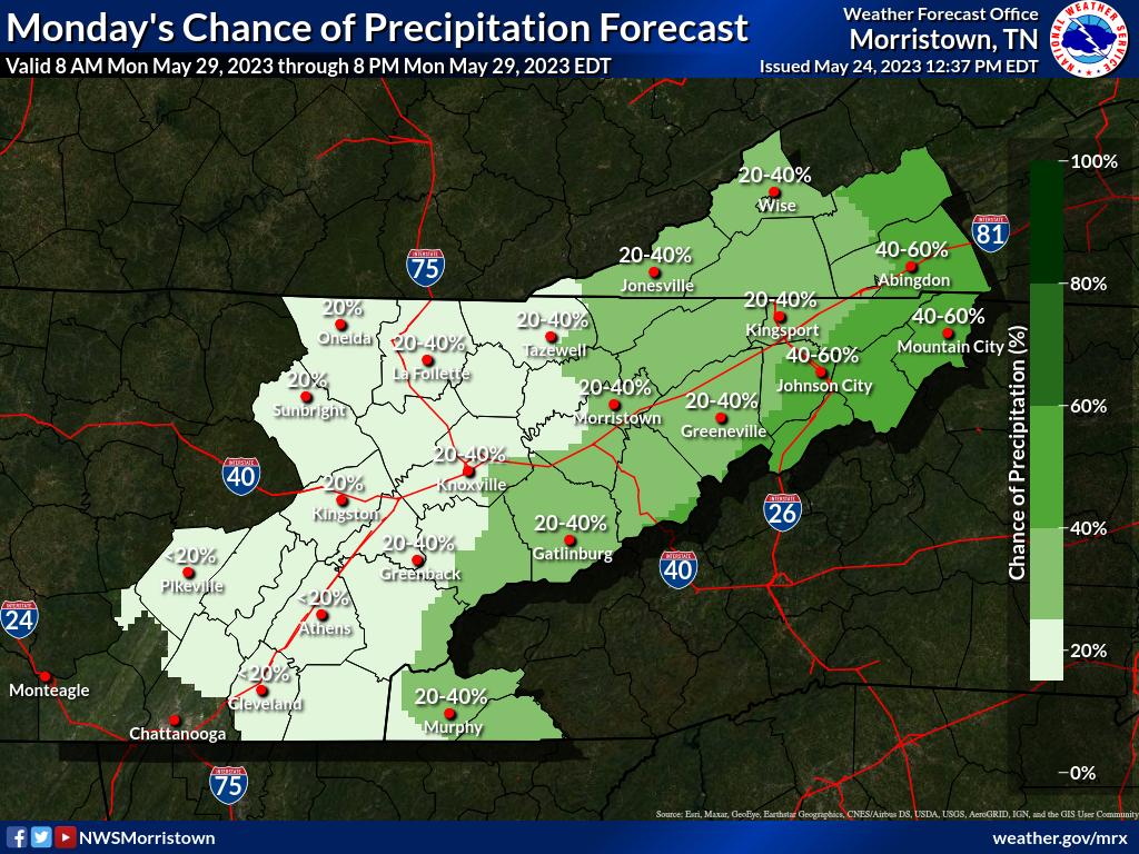 NWS Morristown on Twitter: "Memorial Day high temperatures and chance