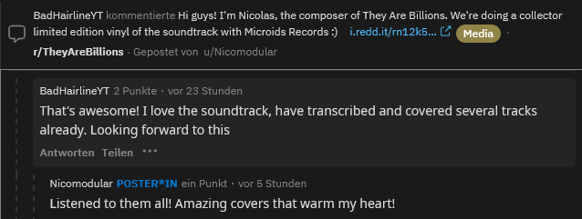 Reason #46876546 why video game music is the best: they have the nicest composers who are fans as much as the rest. Even better when they're fans of one's own interpretations.
Also: They Are Billions is a masterpiece of a game
#theyarebillions #vgm <a href="/theyarebillions/">They Are Billions</a>
