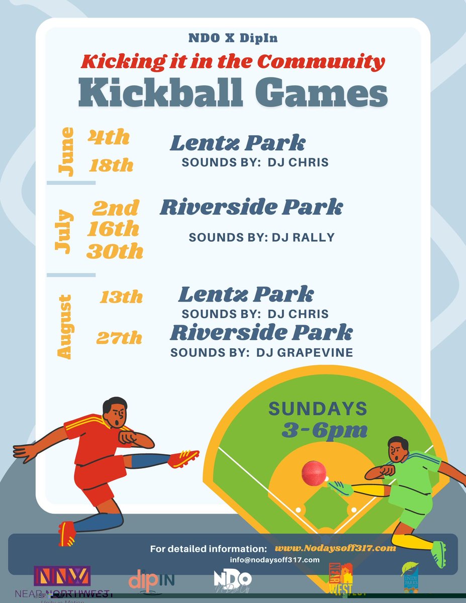 Get ready to kick off the summer with <a href="/ndo_317/">NO DAYS OFF</a> x @diabetesimpactproject at Kicking it in the Community Kickball Games! 🌞⚽ Join us on Sunday, June 4th, 2023 from 3 PM to 6 PM for an afternoon filled with family fun at Lentz Park <a href="/lynnparkproject/">lynnparkproject</a> (700 Truab Ave) in Indianapolis