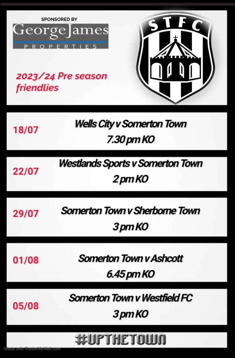 Here's our confirmed 2023/24 pre season Friendlies.
@CityWellsfc @Westland_Sports @SherborneTownFC @AshcottFC @WestfieldFC 
#UPTHETOWN 
@swsportsnews