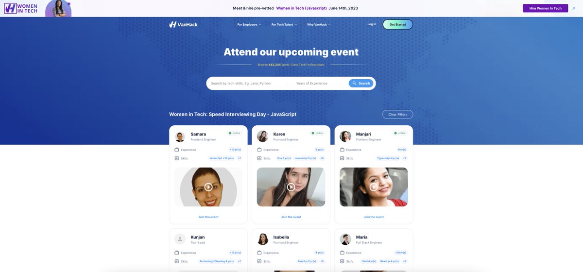 GoVanHack's tweet image. 👋 Get a sneak peek of some of the brilliant #WomeninTech #Javacript Talent with 5+ yrs of exp, attending our upcoming #WomeninTech Hiring Event on 6/14.
👇 Preview the attendees, sign up for the event to speed-interview & make your next hire: bit.ly/3Mvn7zV