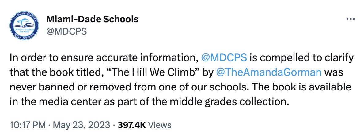 🧵A K-8 school in Miami-Dade County recently removed @theamandagorman's The Hill We Climb from elementary school library shelves. They say it’s not been banned, but…