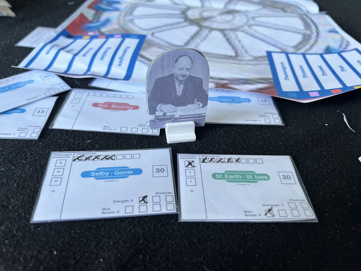 StartPlayer's tweet photo. @jackson_pope Still working on prototype of The Beeching Axe. Turns out card sleeves make very good surfaces for dry wipe pens on cards when testing a Rondal and Write.
Also been repurposing old Gloomhaven standees to make a piece of Beeching himself.
#craftwednesday https://t.co/yytL6pqtzy
