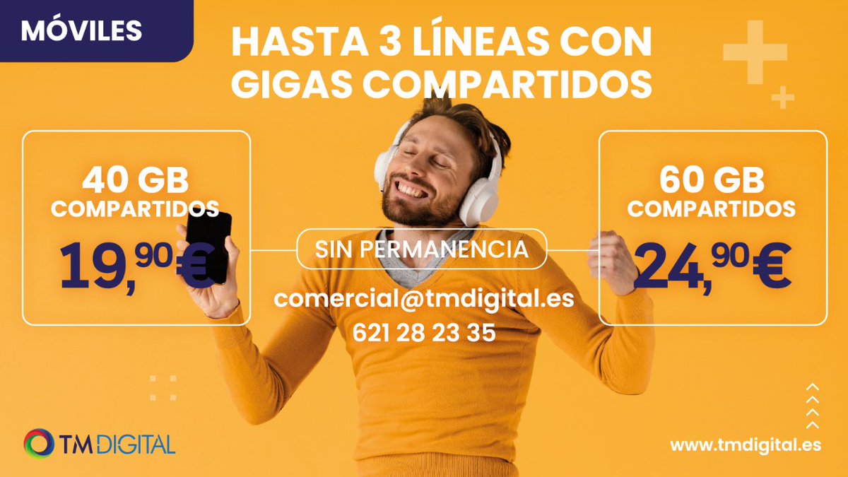 📢 ¡Contrata hasta 3 líneas móviles!

👉 50 GB compartidos por 20,90 €
👉 70 GB compartidos por 25,90 €

¡Y sin permanencia!

¿Hablamos?
📩comercial@tmdigital.es
📱 621 28 23 35

#Granada #conexioninternet #servicios #cobertura #internet #fibraopticagranada #internetgranada