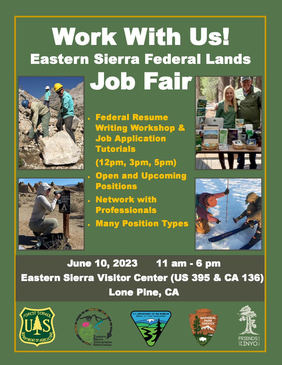 #EasternSierra #FederalLands #JobFair ALERT!
Sat, 6/10, 11am-6pm, at #EasternSierraVisitorCenter, in #LonePine. Federal resume writing workshop & job application tutorials, open & upcoming positions, networking.
Come hopeful. Job searches are better with Friends...of the Inyo!