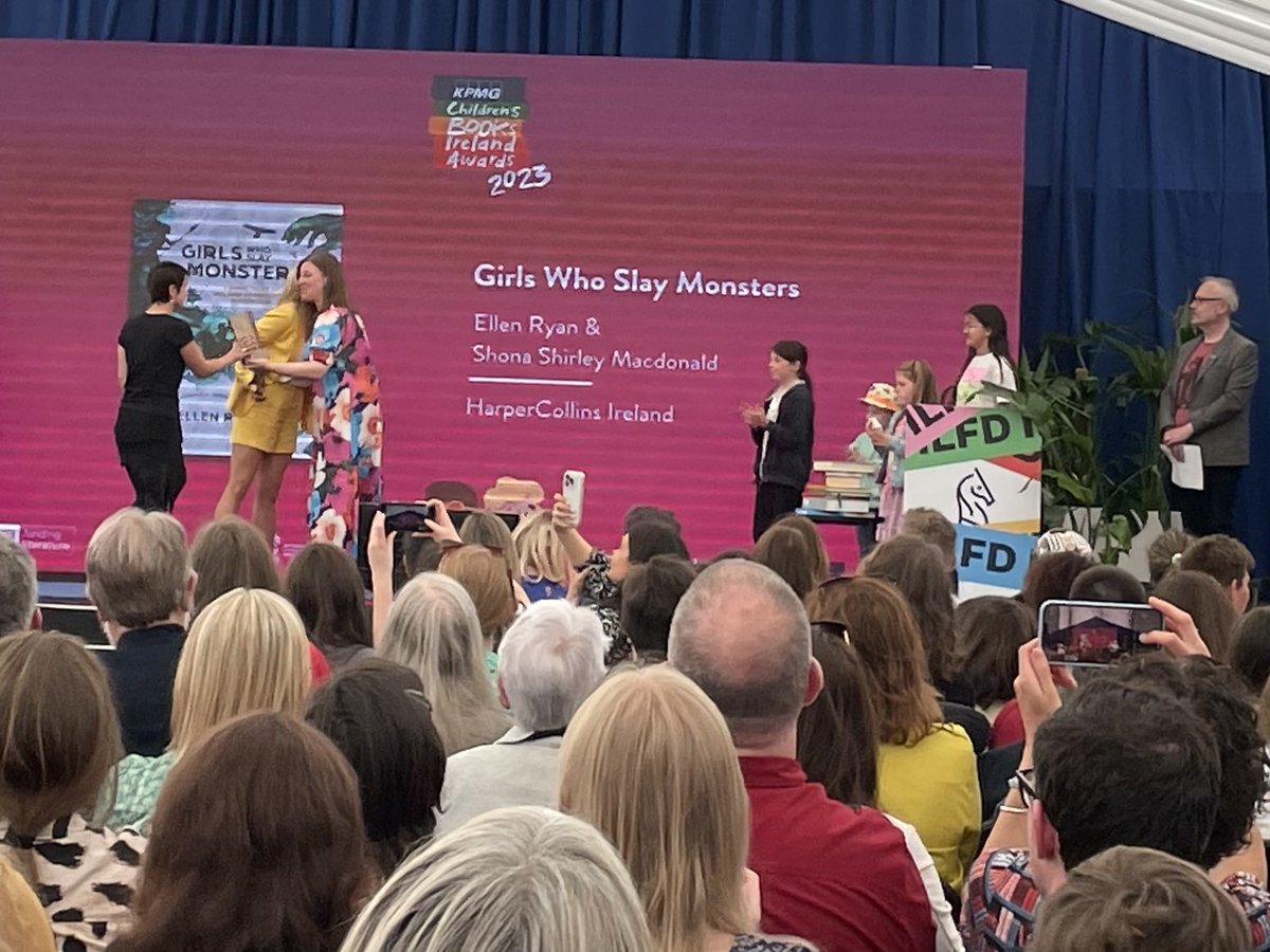osullind's tweet photo. Children’s jury prize at ⁦@KidsBooksIrel⁩ award ceremony in ⁦@ILFDublin⁩ to #girlswhoslaymonsters #congratulations https://t.co/otF8ZA4GcB