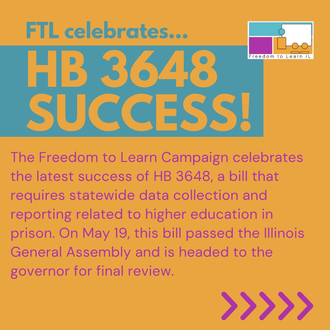 FreedomLearnIL's tweet photo. The Freedom to Learn Campaign celebrates the latest success of HB3648, a bill that requires statewide data collection and reporting related to higher education in prison. On 5/19, this bill passed the Illinois General Assembly and is headed to the governor for final review. (1/3) https://t.co/PjMYtnzouO
