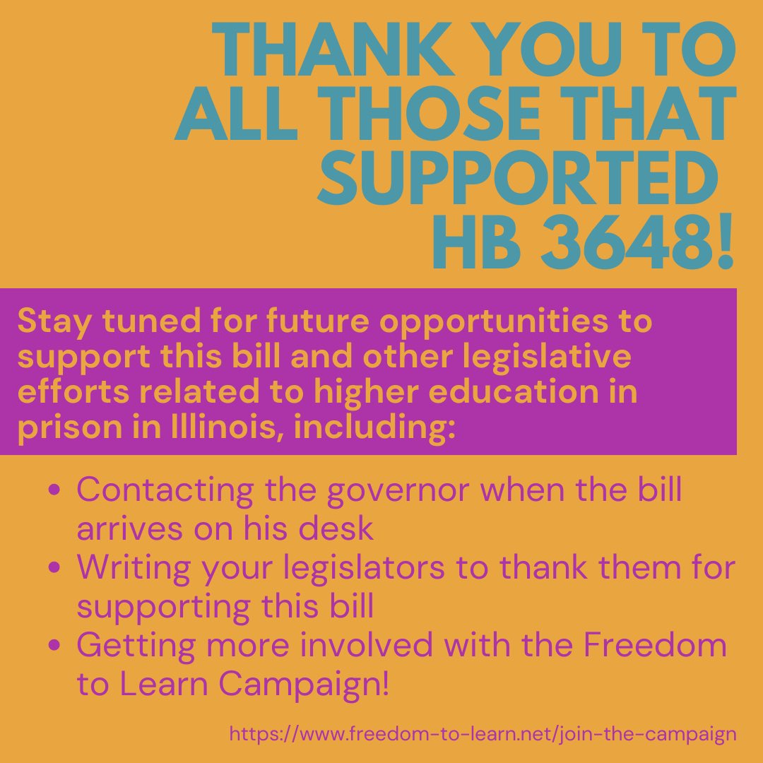FreedomLearnIL's tweet photo. Stay tuned for future opportunities to support this bill and other legislative efforts related to higher education in prison in Illinois https://t.co/g2N9tfAZAn