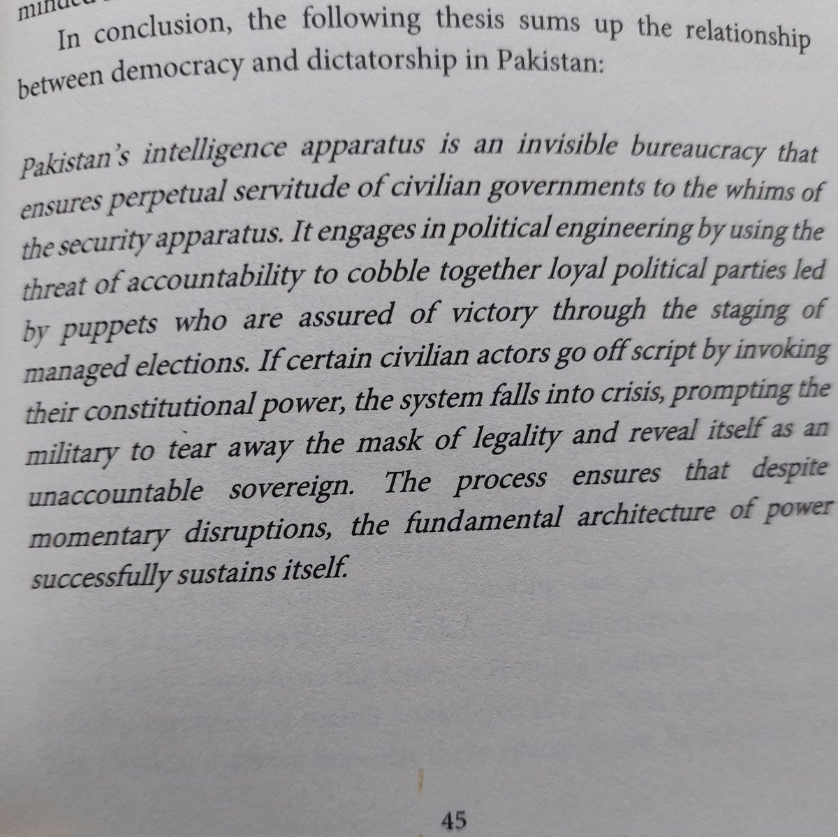 ammaralijan's tweet photo. This quote is the Third Thesis from my book "Rule by Fear: Eight Theses on Authoritarianism in Pakistan". Manufacturing parties and later destroying them remains the favourite hobby of our establishment. https://t.co/vRO8X5Wq2d