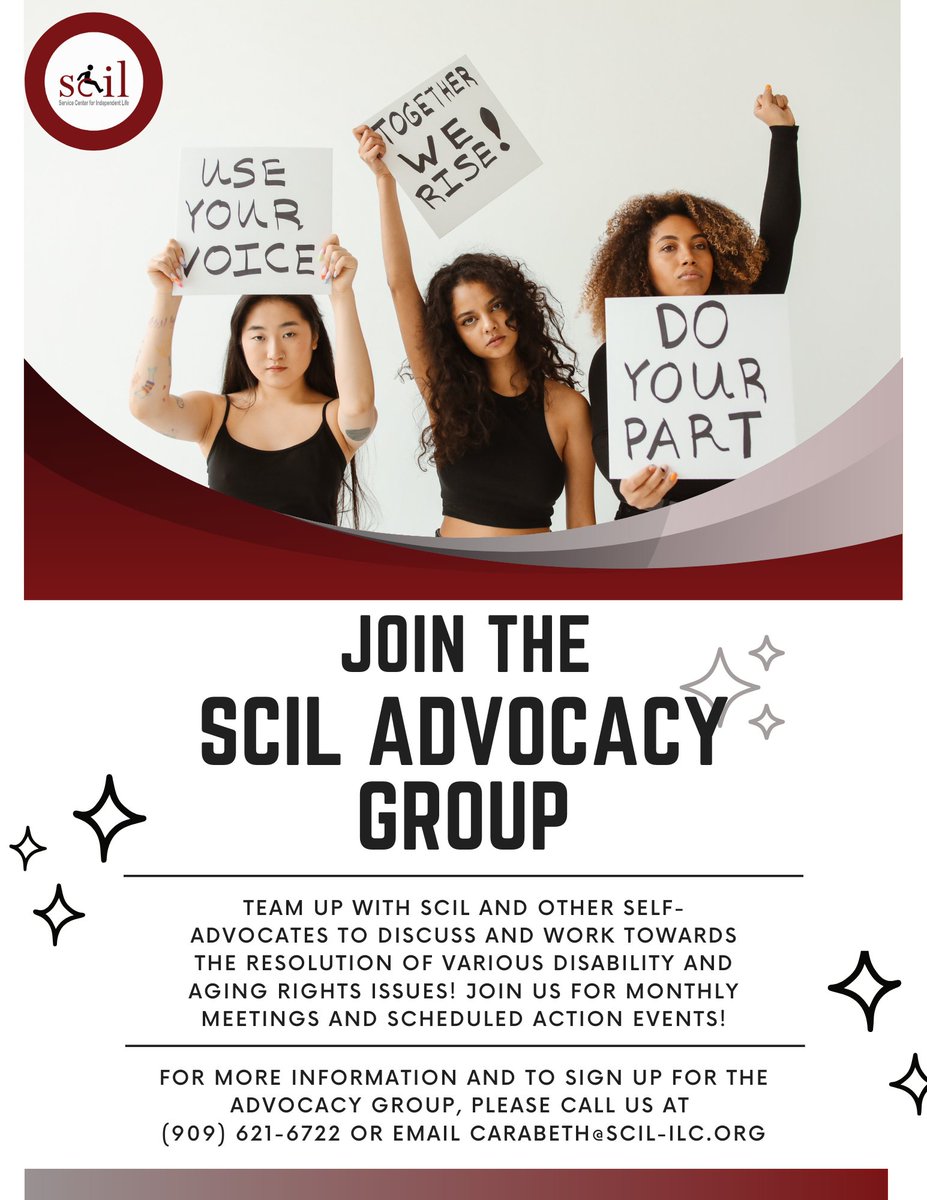 Team up with SCIL and other self-advocates to discuss and work towards the resolution of various disability and aging rights issues! 
Join us for monthly meetings and scheduled action events!