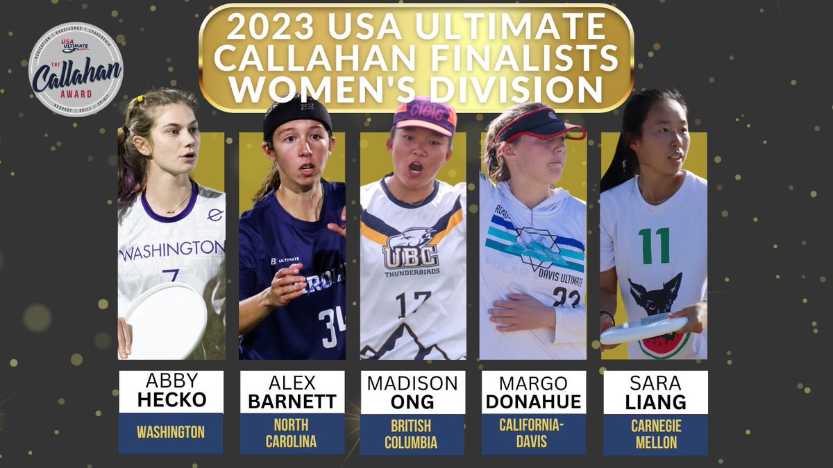 USAUltimate's tweet image. Introducing the finalists for the 2023 #USAUltimate #CallahanAward in the women's division! The winner will be announced on Sunday, May 28th at the #USAUCollegeChamps.