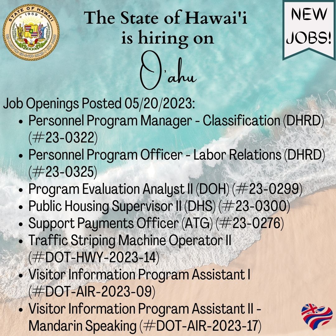 The State of Hawai'i is #hiring on #Oahu. Please visit governmentjobs.com/careers/hawaii for more information. @HawaiiPSD @HawaiiDOH @DOTHawaii @AtghIgov @HawaiiDHRD  
#hawaiiishiring #stateofhawaii #statejobs #oahujobs #jobopenings #recruitment #civilservice #publicservice