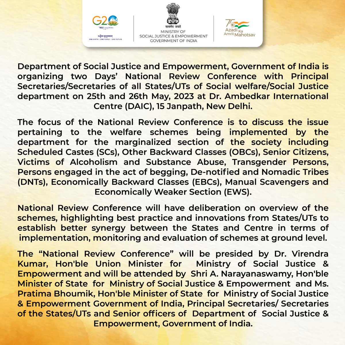 @MSJEGOI is organizing two Days’ National Review Conference
#SabkaSaathSabkaVikas #MakeInclusiveReal #8YearsOfSeva #MyGov #Atmanirbharbharat

@PMOIndia @narendramodi @AmitShah @Drvirendrakum13