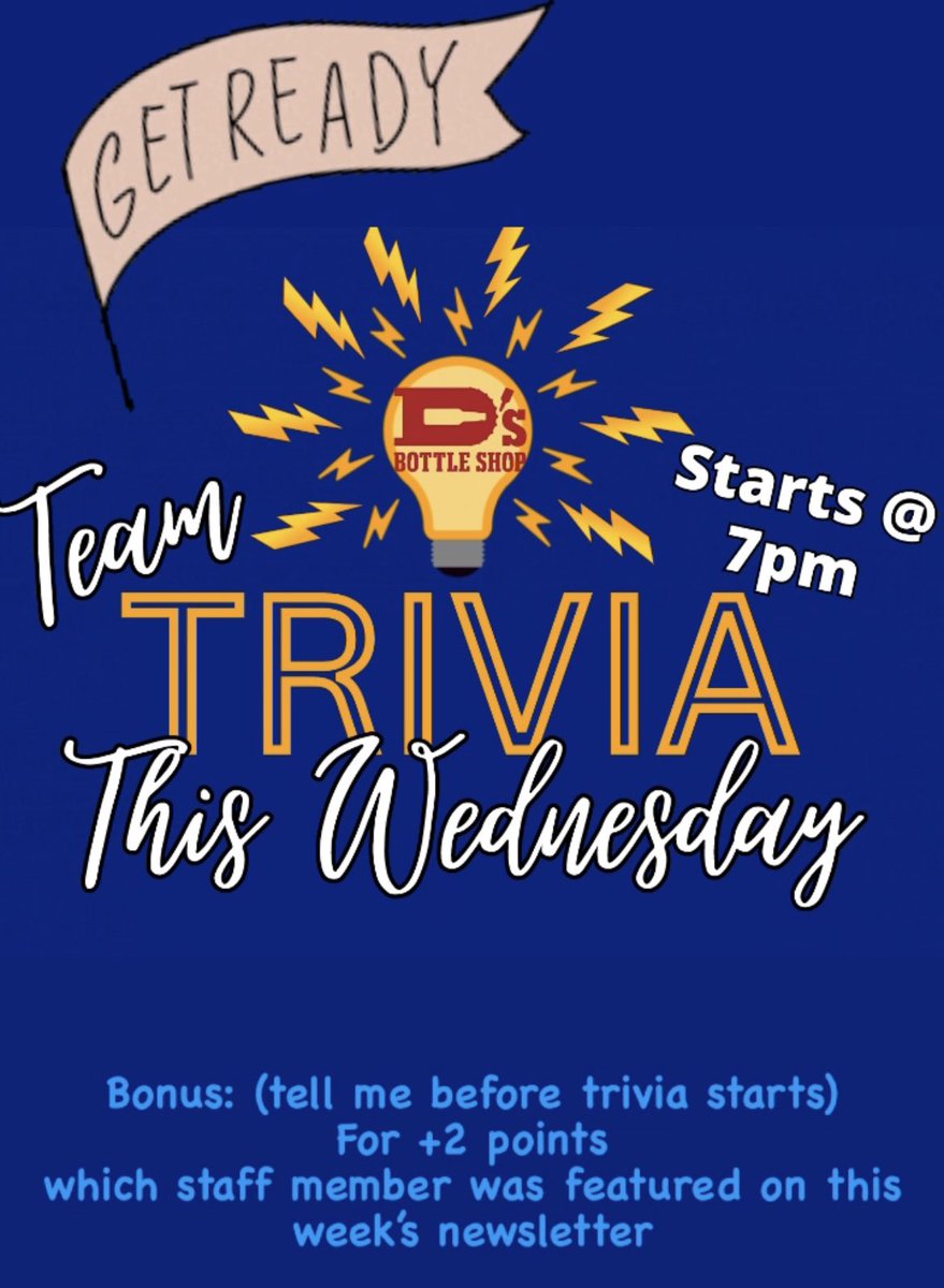 DsBottleShop's tweet photo. Team trivia tonight at 7pm… don’t worry we will have the game on too! Pick drop at 8pm #LetsGoCanes #teamtrivia https://t.co/WQdvkGyaFu