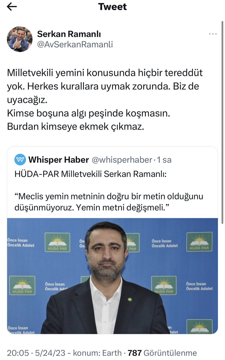 CHP'li hesaplar yine HÜDA PAR üzerinden algı ve yalanlara başladı

HÜDA PAR Milletvekili Serkan Ramanlı’nın 'Yemin metni değişmeli' ifadelerini kullandığı iddiası asılsız. 

Serkan Ramanlı:
▪️Halkımız bize güvenip bizi Meclis’e gönderdi. Hangi sebeple yemin etmeyelim
▪️Bu akıl…