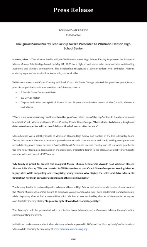 FOR IMMEDIATE RELEASE: Inaugural Maura Murray Scholarship Award Presented to Whitman-Hanson High School Senior     mauramurraymissing.org/inauguralmaura…
#mauramurray